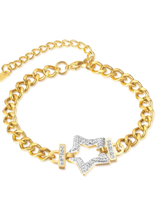 [1311] Gold plated bracelet Titanium Steel Cubic Zirconia Pentagram Hip Hop Link Bracelet